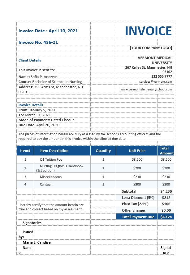 Nursing School Invoice Template PSD template